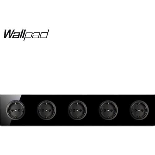 Wallpad L6 Black Tempered Glass Quintuple Frame EU Wall Socket Pentuple 5 Gang Electrical German Power Outlet 16A Round Design