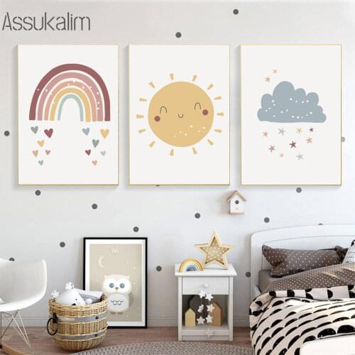 Nursery Wall Art Prints Rainbow Cloud Canvas Painting Sun Art Posters Child Poster Nordic Wall Pictures For Baby Bedroom Decor