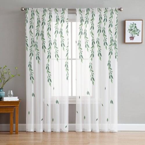 Plant Green Leaves Sheer Curtains for Living Room Bedroom Kitchen Tulle for Windows Voile Drapes Home Decoration