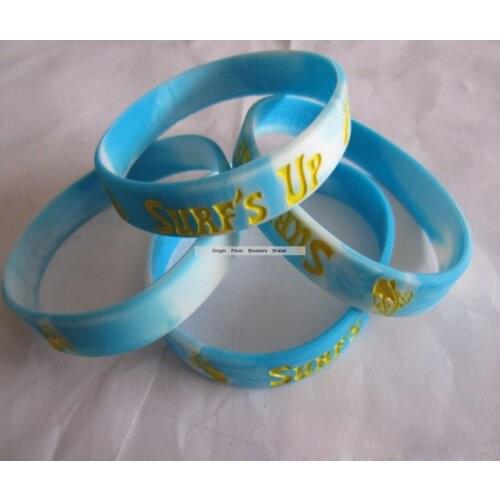 Blue White Swirled Fashion Silicone Wristbands Custom Text Logo Debossed Gold Color filled Promotion Business Bracelet