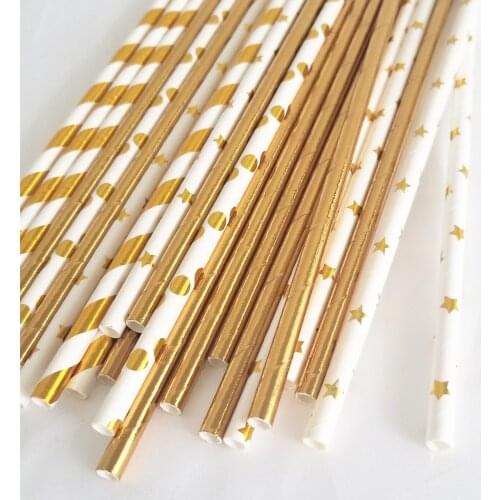25pcs Drinking Straws Mixed Golden Stripe Dot Star Wedding Decoration Kids Birthday party decoration event supplies paper straws