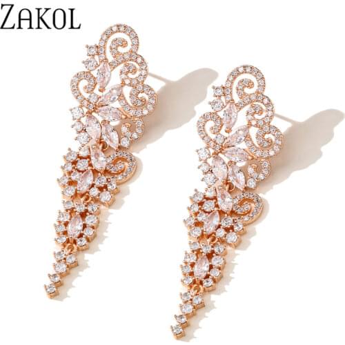 ZAKOL Top Zirconia Long Wedding Drop Earrings for Bridesmaid Luxury Silver Color Leaf Floral Bridal Engagement Jewelry FSEP2473