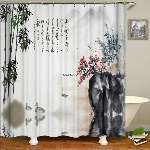 3d Printing Chinese Flower Bird Ink landscape Shower Curtain Bathroom Waterproof Bath Curtain With Hooks Washable Cloth Decor