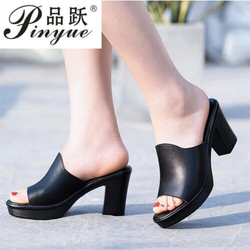 Ladies Summer Slippers Genuine Leather Shoes Women Fashion Summer Shoes High Heels size 35--41