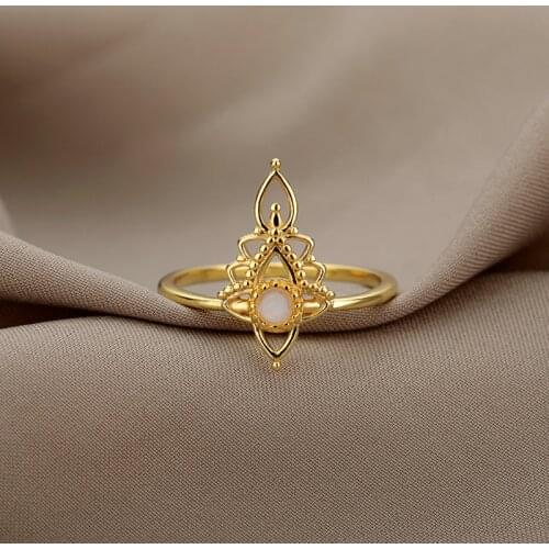 2021 New Fashion Vintage Opal Rings For Women Stainless Steel Flower Ring Accessories Wedding Party Best Friend Jewerly Gift