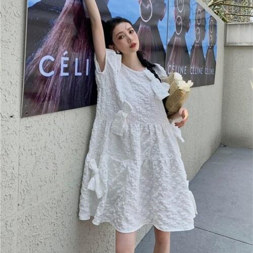 Cute White Short Sleeve Summer Dress 2021 Women Puff Sleeve Fashion Temperament Loose Bow Princess Dress