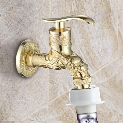 Golden Outdoor Tap Dragon Carved Brass Decorative Garden Washing Machine Mop Small Bibcock Wall Mount Bathroom Basin Sink Faucet