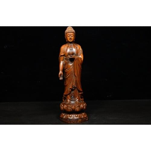 10" China Lucky Seikos Boxwood Great Buddha Tathagata Sakyamuni Standing Buddha Lotus reform Enshrine the Buddha