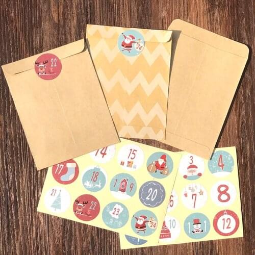 24sets Kraft Paper Gift Envelope Vintage Stripe Dot Party Invitation Envelope with Christmas Number Stickers Mini Paper Gift Bag