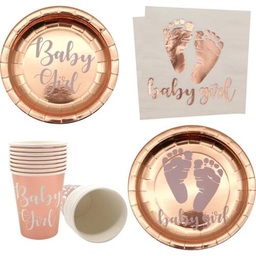 8Pcs Rose Gold Baby Girl Happy Birthday Paper Plates Cups Napkin 1st Birthday Baby Showe Gender Reveal Decoration Party Supplies