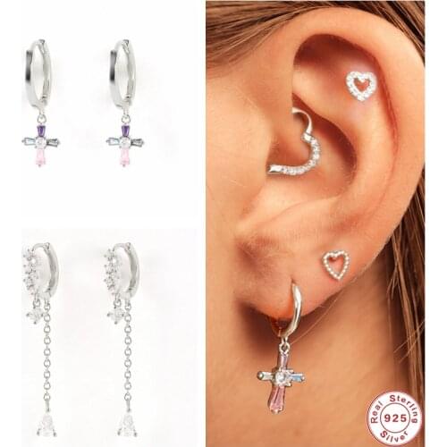 GS 925 Sterling Silver Colored Zircon Cross Pendant Dangle Earrings For Women White Crystal Pave Circle Chain Drop Earrings