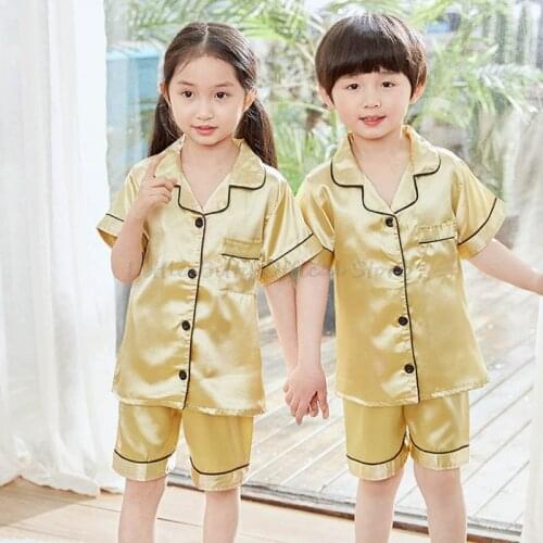 Champagne Satin Pajama Sets for 8 10 12 14 Years Kids Girls Silk Pyjamas Boys Pijamas Childrens Sleepwear Summer Clothing Sets