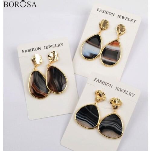 BOROSA Design 5Pairs Gold Plated Bezel Freefrom Shape Natural Onyx Agates Dangle Earrings Mixed Colors Women Earrings WX1178