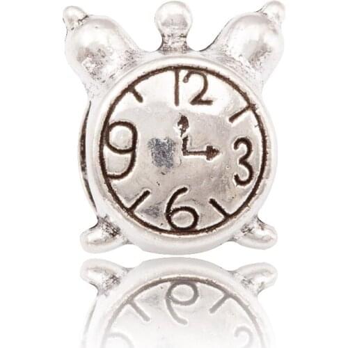 10Pcs/Lot Alarm clock Antique Silver Color DIY Zinc alloy Big Hole Spacer Bead Charm Fits European Jewelry making Bracelet js1033