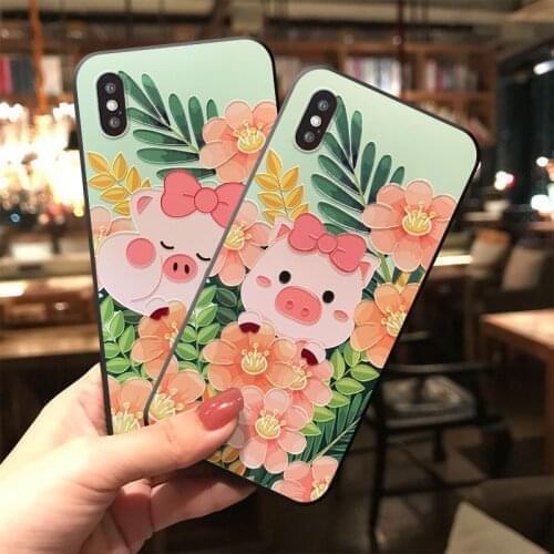 Piggy Flower 3D Embossed Phone Case for Redmi Note 7 8 9 Pro 8T 7A 8A Mi 10 9 8 Lite 9T CC9 CC9e Cartoon Pig TPU Soft Back Cover