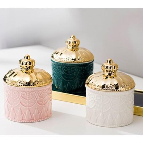 European Ceramic Storage Jar Candy Bowl with Cover Lid Sugar Cans Diamond Candy Box Jewelry Storage Tank Kitchen Storage Jar