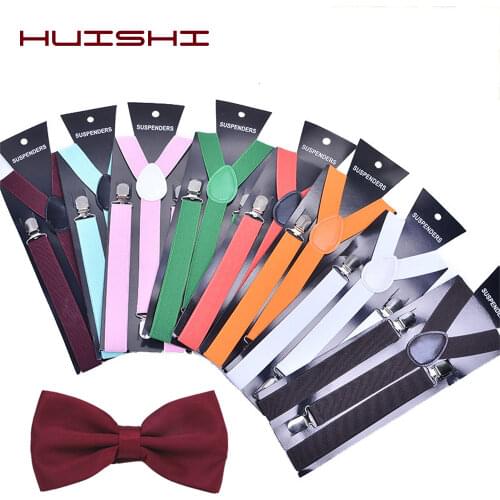 HUISHI Fashion Plain Black Suspenders for Men Navy Red Burgundy Braces Unisex Strap Bretels Mannen Women Bow Tie Suspenders Blue