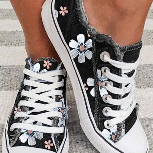 2021 Women Canvas Flower Classic Vulcanized Female Summer Fashion Lace-up Flat Ladies Casual Platform Comfort Shoes Plus Size