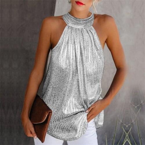 Women Halter Tank Top Sparkling Sequin Casual Vest Cool Summer Sleeveless Tanks OL Solid Color Casual Loose Female Clothes