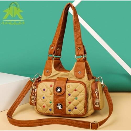 Fashion Retro Womens Lozenge Messenger Bag Diamond-encrusted Design Shoulder Bags 2021 New High Quality Pu Leather Women Handbag