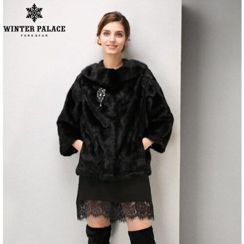 Fashion short womens leather mink fur coat Decorative flowers on the chest fur coat O-Neck real fur coat WINTER PALACE