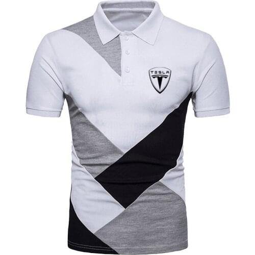 2021 New Mens Tesla Printing Comfortable T-Shirt Short Sleeve Polo Shirt Fashion High Street Black White Stitching Tops Tee
