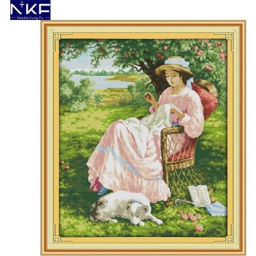 NKF The Woman Under An Apple Tree Cross Stitch Handmade Craft Needlework Cross Stitch Set Embroidery Kit Stitching Home Decor