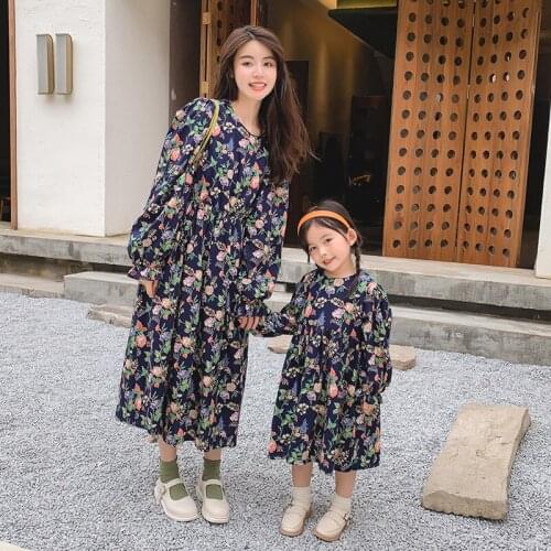 Family Matching Outfits Mother Daughter Clothes Fashion Floral Cotton Long Dress For Mommy And Me Family Look Dress Autumn New