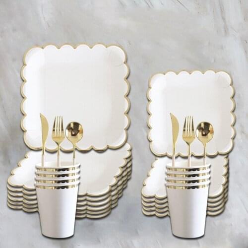 Disposable White Tableware Half Stamping Gold Cutlery Party Supplies Baby Shower Wedding Supplies One 1st Birthday Party Decor