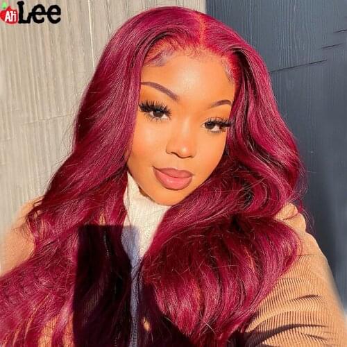 13×6 Cherry Red Lace Frontal Wig For Women Pre-Plucked Transparent Lace Peruvian Body Wave 13x4 Lace Front Human Hair Wigs 180