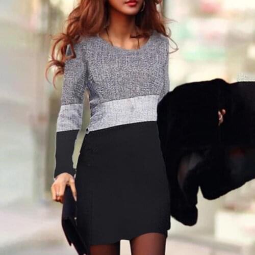Casual Women O Neck Long Sleeve Blouse Tunic Color Block Mini Bodycon Dress