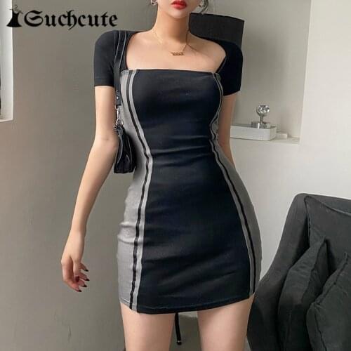 SUCHCUTE Summer Square Collar Casual Basic Slim Outfits Mini Dress For Women Short Sleeve Gothic Patchwork Bodycon Dresses