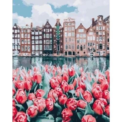 DIY Painting By Numbers Kits Red Flower and River House Oil Picture Paint By Number Modern Home Decor Wall Art Crafts