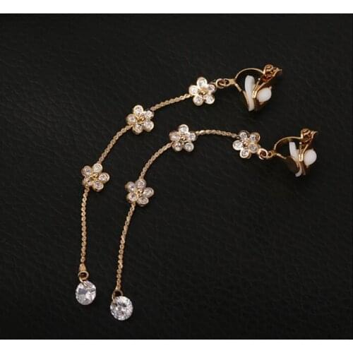 Grace Jun Top Quality Gold Color Small Flower Full AAA CZ Long Clip on Earrings Non Piercing Party Wedding Ear Clip Bijouterie