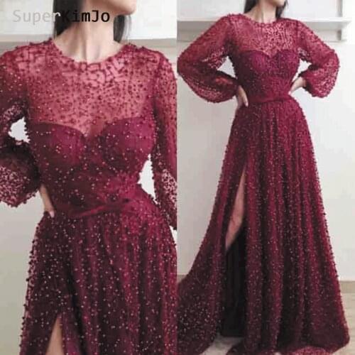 SuperKimJo Vestidos De Gala Burgundy Prom Dresses 2020 Long Sleeve Beaded Luxury Prom Gown for Women Robe De Soiree