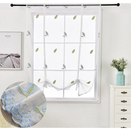 Leaves Embroidered Tulle Roman Curtains For Kitchen Blue Lace Sheer Curtains For Living Room Breathable Window Roman Curtains
