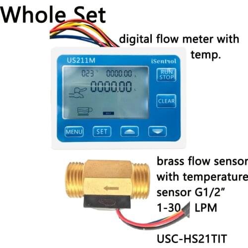 US211M Water Flow Meter and USC-HS21TIT Hall Water Flow Sensor Brass 1-30L/min DC 24V Turbine Flowmeter with NTC50K Temperature