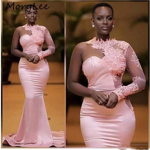 One Shoulder Evening Dresses With Zipper Back Lace Applique Crystal Beaded Long Sleeves Mermaid Evening Gowns вечернее платье