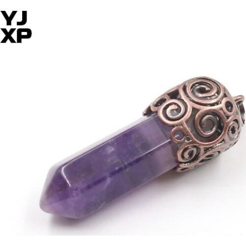 YJXP Classic Style Copper Plated Hexagon Column Natural Purple Amethysts Pendant Fashion Jewelry