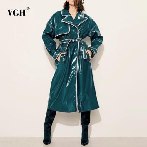 VGH PU Leather Patchwork Pockets Lace Up Trench Females Lapel Long Sleeve Casual Loose Korean Fashion Woman Coat 2021 Autumn New