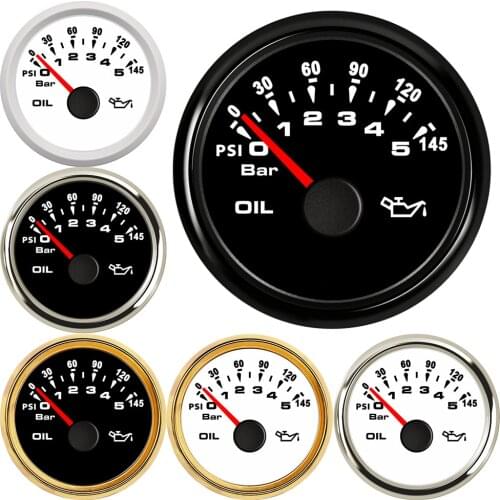 52MM Gauge Oil Pressure Gauge 0-5 Bar Oil Press Gauge 0-145 PSI 316 Bezel Oil Pressure Meters 9-32V 10-184ohm for Auto Boat 12v