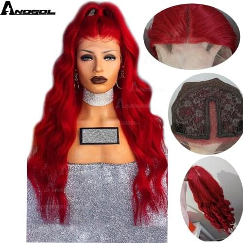Anogol High Temperature Fiber U Part Per Plucked Full Hair Wigs Red Long Body Wave Synthetic Lace Front Wig For Women Cosplay
