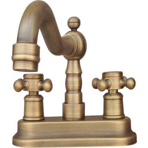 Antique Brass 4" Centerset Bathroom Two Holes Basin Faucet Sink Mixer Tap Swivel Spout Double Ceramic Levers mnf325