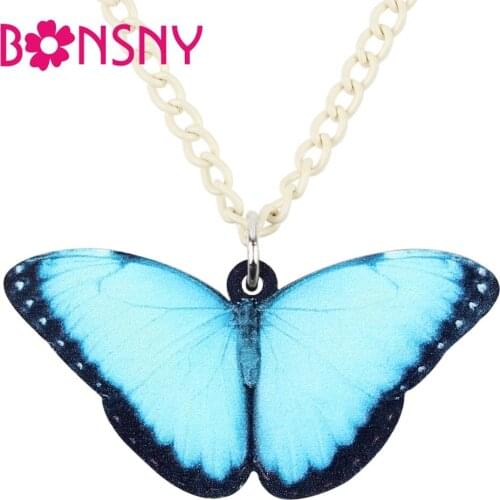 Bonsny Acrylic Tropic Blue Morpho Butterfly Necklace Pendant Choker Fashion Summer Insect Jewelry For Women Girls Teen Accessory