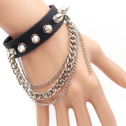 Punk style chains and leather bracelet for young nails bracelet multi-chains