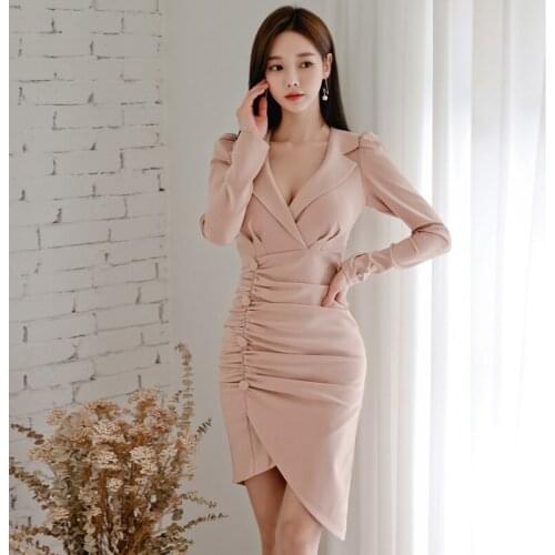 One-Piece Korean Office Lady Trend WomenS Clothing Spring Fashion Elegant Slim Bodycon Sexy V-Neck Bottoming Bag Hip Dress 2021