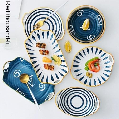 Japanese-Style Ceramic Tableware Plate Dish Steak Plate Dual Handle Fish Plate Household Microwave Breakfast Plate Fruit Dish