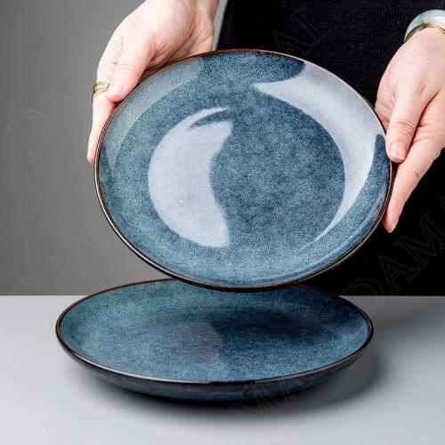 Kiln Change Craft Ceramic Plates Blue Porcelain Cake Dessert Plate Restaurant Serving Dish Home Kitchen Dining Table Tableware