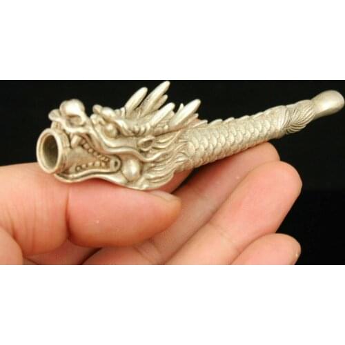 China Collectible Hand-carved Dragon Head Retro Tibetan Silver Tobacco Pipe