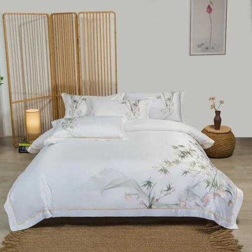 New Luxury Chinese Style Bamboo Embroidery Breathable Bedding Set Satin Silk Cotton Double Duvet Cover Set Bed Linen Pillowcases